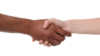 African American man shaking hands with his partner on white background, closeup