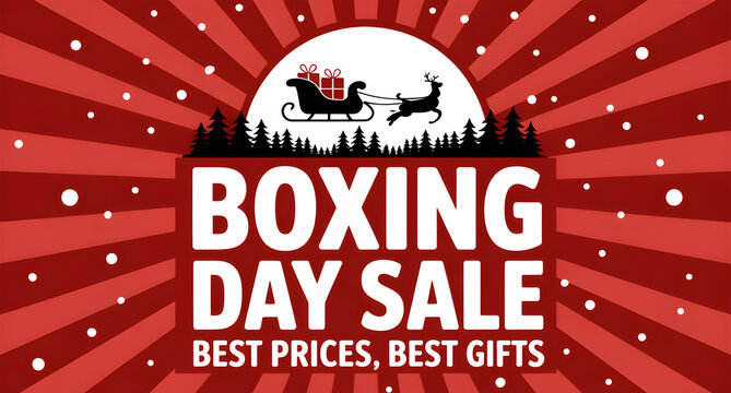 Boxing Day Sale Banner with Santa Sleigh and Holiday Snow Background