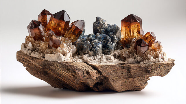 an intricate piece, featuring natural orange and blue crystals on a rough wood base, showcasing the gemstones' deep brown and golden hues against a white background