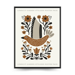 Mystical Scandinavian linocut birds with folk ornaments. Minimalist posters template for decorative prints.