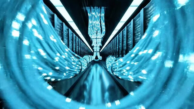 A data center with glowing blue cables conveying information. Server racks line the sides