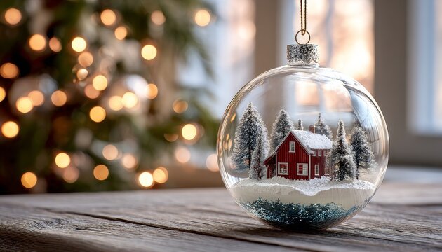 Clear glass sphere ornament containing a miniature snowy winter scene rests upon wooden surface beside festive lights