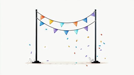 A festive scene with two poles supporting strings of colorful triangular bunting flags and scattered confetti.