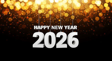 Happy new year 2026, festive greeting with golden bokeh lights