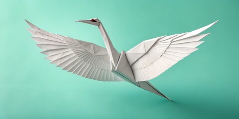 Elegant origami swan soaring serenely against a fresh teal backdrop offering peace, hope, and grace in modern design projects and mindful art