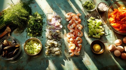 Fresh seafood and vegetables preparation in rustic kitchen setting