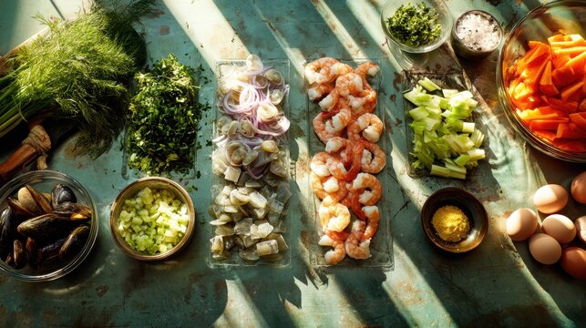 Fresh seafood and vegetables preparation in rustic kitchen setting - Powered by Adobe