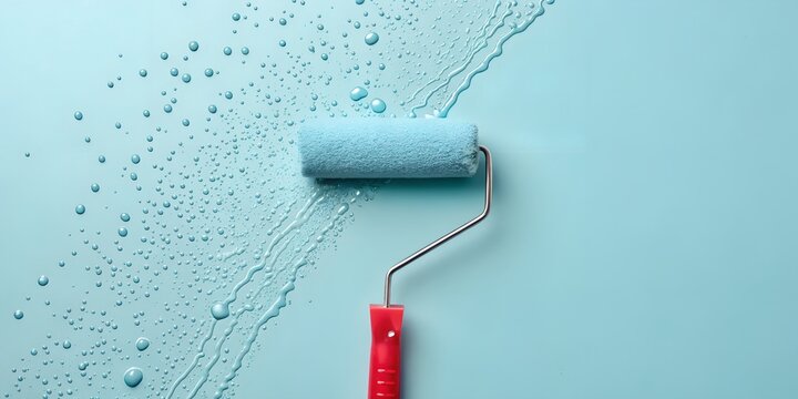 Freshly painted vibrant blue wall with a roller, perfect for home improvement blogs and DIY tutorials, offering a clean and modern aesthetic