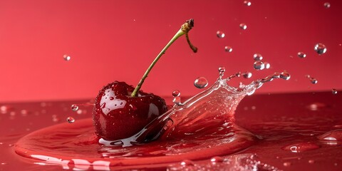 Juicy cherry splashing into vibrant red liquid creating dynamic water droplets for a refreshing summer feeling and healthy lifestyle campaign