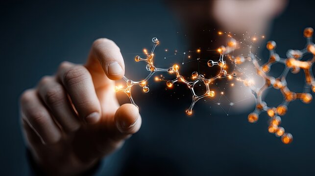 Close-Up of a Human Finger Interacting with an Abstract Molecular Structure in a Dark Background - Powered by Adobe