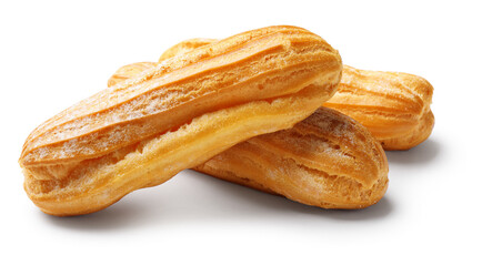 Tasty eclairs with powdered sugar isolated on white