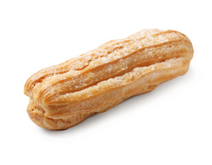 Tasty eclair with powdered sugar isolated on white