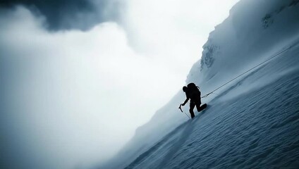 A lone skier ascends a snowcovered mountain in challenging weather conditions, showcasing the determination and resilience required for winter sports