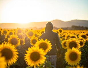 Person in hoodie walking through vibrant sunflower field at golden hour towards distant mountains