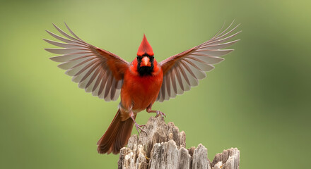 Vibrant red cardinal spreading wings, poised for flight from weathered stump against soft light green backdrop showcasing nature's elegance and avian beauty