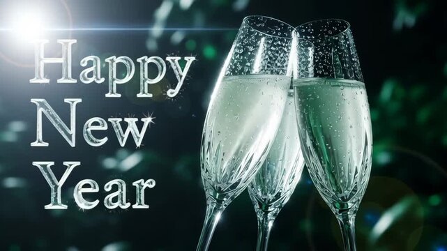 Happy New Year celebration with champagne glasses toasting, sparkling new year holiday seasonal greeting card