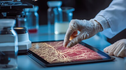 Scientific Research in Laboratory with Microscope and Digital Tablet Displaying Cellular Structures and Neural Network Patterns