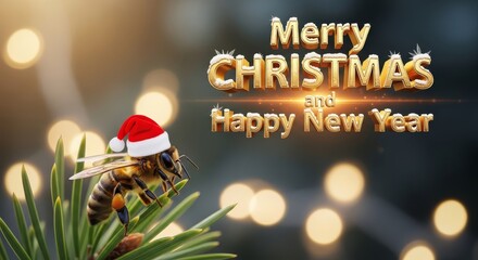 Bee Wishing Merry Christmas - A bee wearing a Santa hat perched on a pine branch with the festive greeting Merry Christmas and Happy New Year in the background