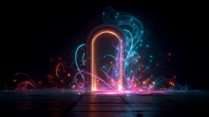 Neon-lit archway with vibrant pink, blue, and orange lights on a dark background with a wooden floor and abstract glowing lines. - Powered by Adobe