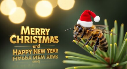 Bee with Christmas Hat - A festive honeybee rests on a pine branch, wearing a small Santa hat, with "Merry Christmas and Happy New Year" text in the background