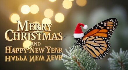 Butterfly Wishes Happy Holidays - A butterfly wearing a Santa hat sits on pine needles next to text reading Merry Christmas and Happy New Year