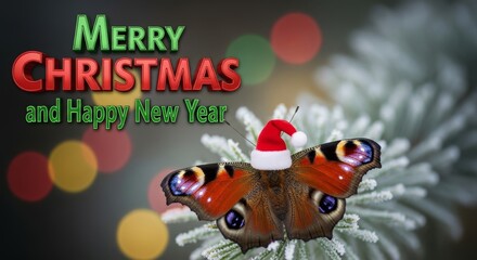 Butterfly Wearing Santa Hat Christmas Card - A vibrant butterfly perches on a frosted branch, adorned with a festive Santa hat, set against a bokeh background with the holiday greeting
