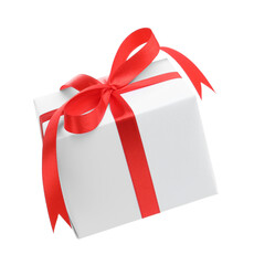 Beautiful gift box in air against white background