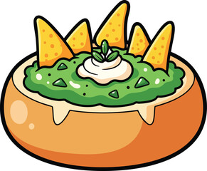 Cartoon Style Guacamole Dip with Tortilla Chips and Cream Garnish on a Wooden Bowl