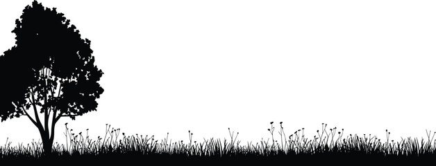Panoramic black silhouette of a large tree standing in a meadow with tall grass and wild flowers, isolated on white background, nature vector illustration for landscape design