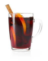Tasty mulled wine with spices and orange slices in glass cup isolated on white