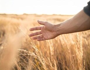 A close-up of a human hand gently touching golden wheat stalks in a sunlit field at dusk