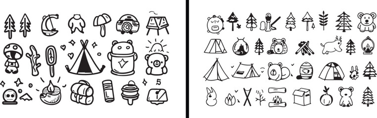 Camping Line Art, Outdoor Sketch Icons, Camping Equipment Illustration, Tent and Backpack Drawing, Hiking Outline Art, Travel Adventure Icons, Minimal Camping Design, Tourist Line Drawing, Nature Sket