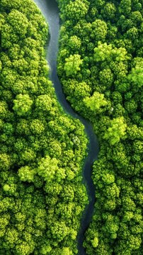 Aerial top-down view of vertical river corridor in dense forest with glowing esg letters on river surface. Environmental social governance investment