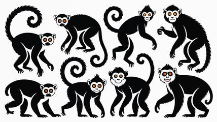 Obraz premium Black and white cartoon monkeys set vector