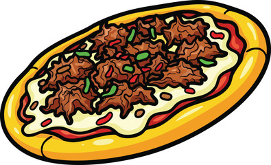 Oval Shaped Food Topping with Meat and Cheese on Yellow Crust