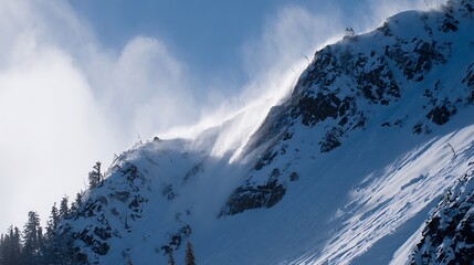 A majestic mountain peak is battered by strong winds, creating a dramatic display of natures power and resilience against the elements on a winter day