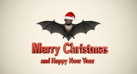 Obraz premium Christmas Bat Festive Greetings - A bat wearing a Santa hat, carrying Christmas greetings for a festive occasion on a solid cream background