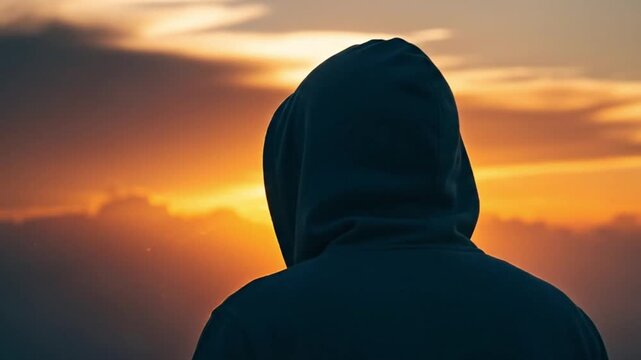Silhouette of a hooded figure gazing at the sunrise, capturing a sense of mystery, solitude, and contemplation against the backdrop of a vibrant sky