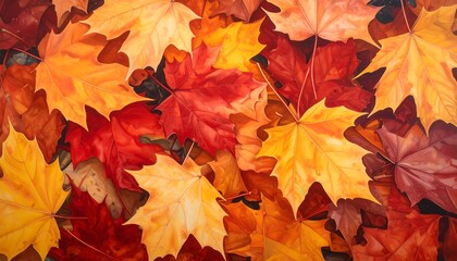 Fototapeta premium Close-up view of vibrant autumn foliage, depicting a mix of red, orange, and yellow maple leaves scattered