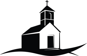 Minimalist black silhouette of a Christian church building with a cross on the steeple, sitting on a curved hill, isolated on white background for religious logo design