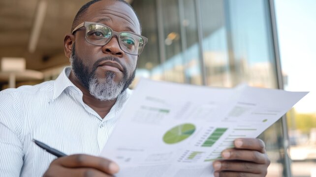 African-American businessman reading ESG report in modern office with blurred urban view. Environmental social governance investment