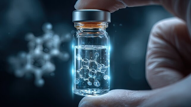 Hand Holding a Glass Vial Containing Liquid with Molecular Structure in a Dark Background - Powered by Adobe