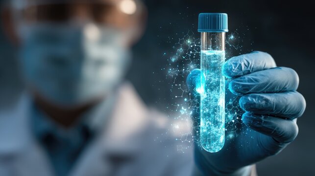 Scientist in Lab Coat Holding Test Tube with Blue Liquid and Sparkles Representing Scientific Discoveries and Innovation - Powered by Adobe
