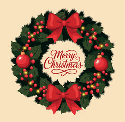Vector Christmas wreath with fir branches, berries, red tree decorations, bright bows, text Merry Christmas. Beige background. For holiday cards, New Year's, seasonal designs. High quality. Scalable