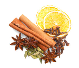 Different spices and dry orange slices for mulled wine isolated on white, top view