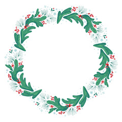 A festive, ornate New Year's frame. Hand-drawn vector illustration with fir and pine branches, stars, snowflakes, and snow. The round frame has space for text. Perfect for Christmas design.