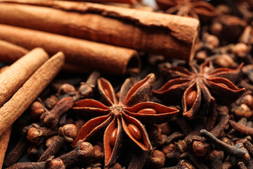Mulled wine spices. Anise stars, cloves and cinnamon sticks, closeup