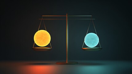 Conceptual balance featuring a warm yellow sphere and a cool blue sphere on a scale, symbolizing equilibrium and harmony in a minimalist, modern design