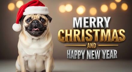 Christmas Pug with Santa Hat - A cute pug wearing a Santa hat, wishing everyone a Merry Christmas and Happy New Year
