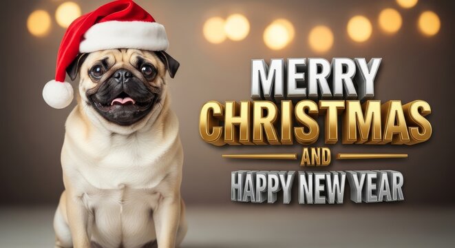 Christmas Pug with Santa Hat - A cute pug wearing a Santa hat, wishing everyone a Merry Christmas and Happy New Year